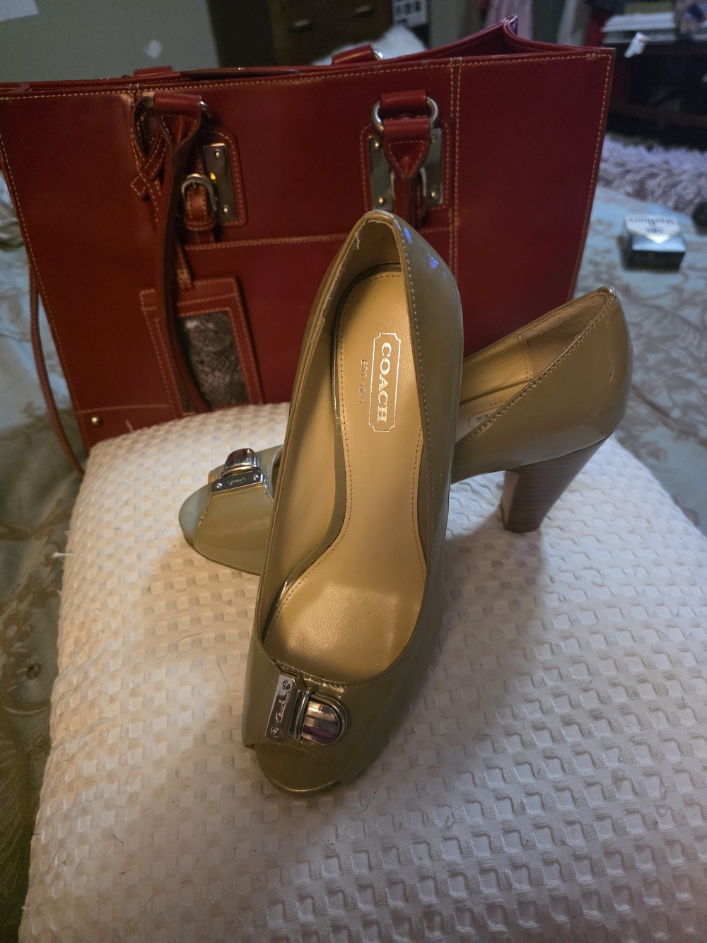 COACH Olive Patent Leather Peep-Toe Pumps with Silver Buckle